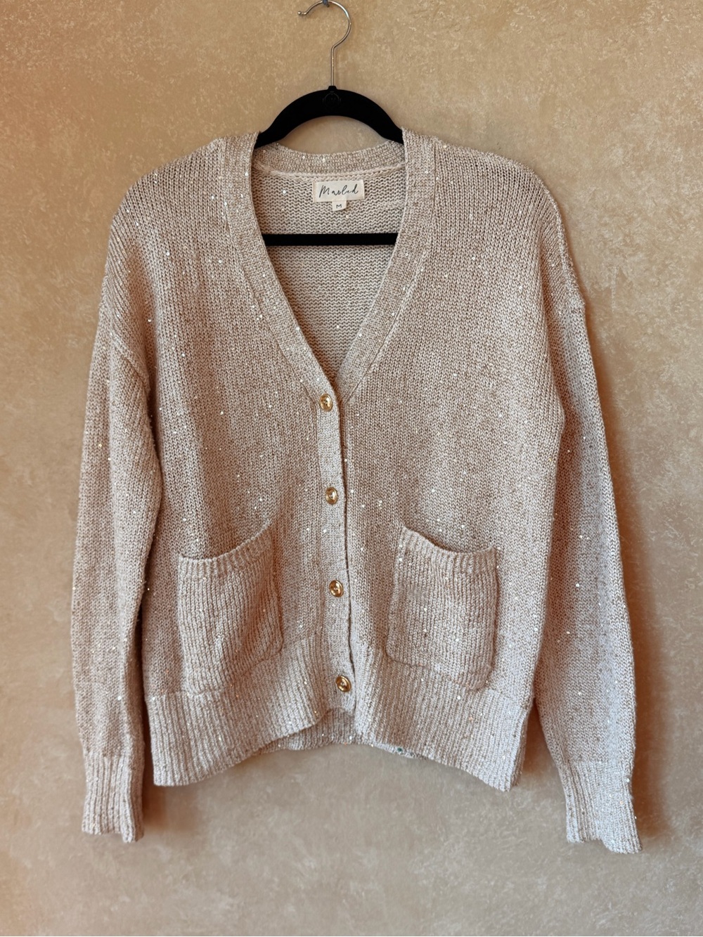 Marled Champagne Gold Sequined Knit Cardigan Size M